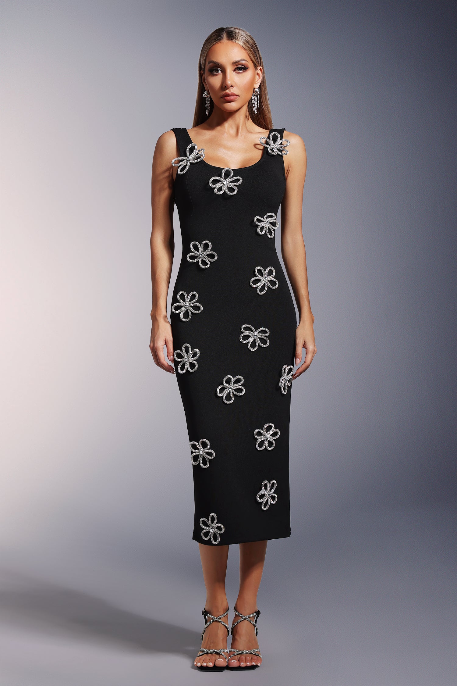 Viane Sleeveless Diamond Flowers Bandage Midi Dress
