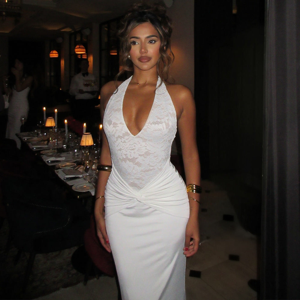 Dinner Party Exquisite Lace Halter Maxi Dress