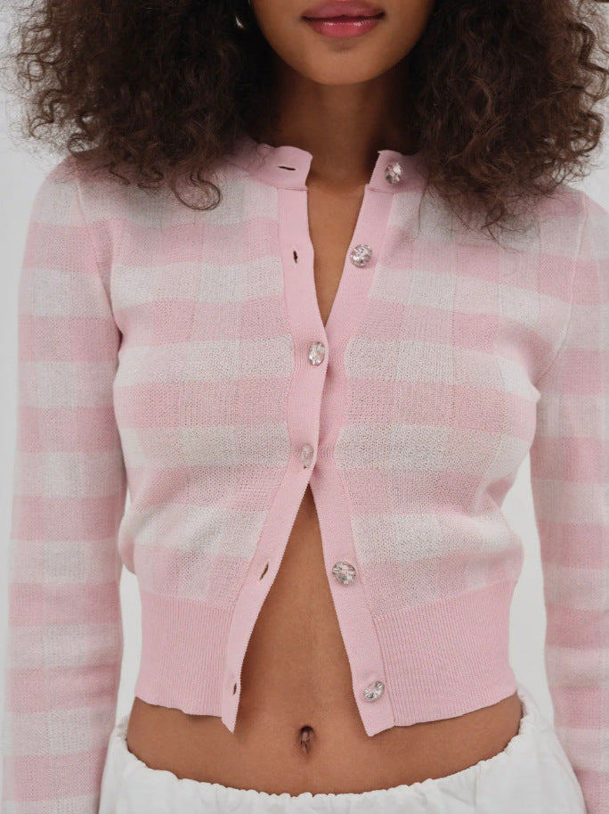 Casual Sweet Soft Pink Striped Cardigen