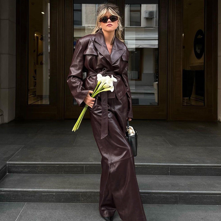 Cool Fashionable Brown Leather Suit Set