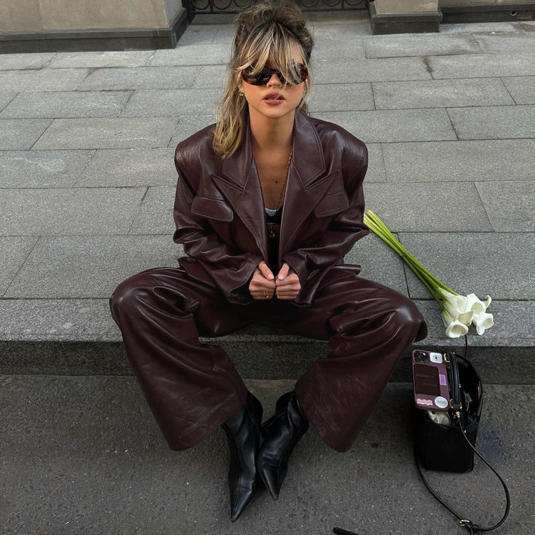 Cool Fashionable Brown Leather Suit Set