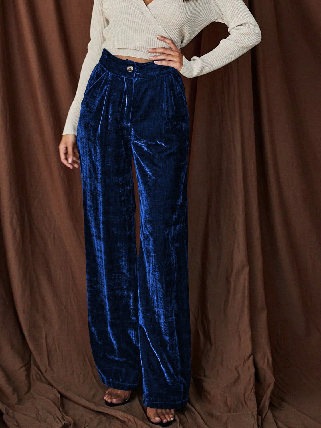 Pantalon large taille haute en velours luxueux pour soirée