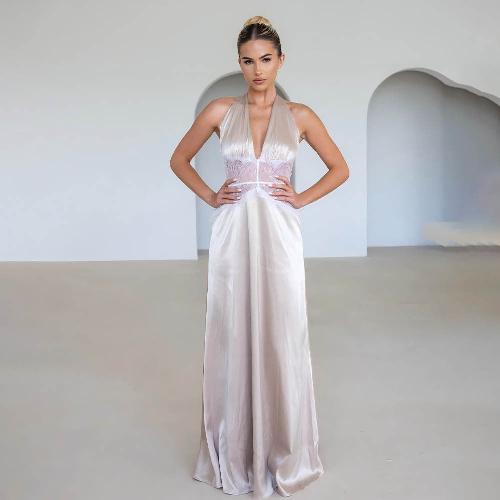Terrace Dinner Elegant Lace - Paneled Halter Maxi Dress