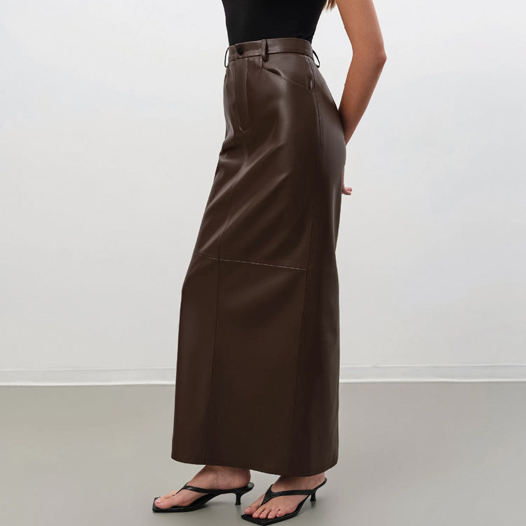 Office Professional Classic Brown Leather Maxi Skirt