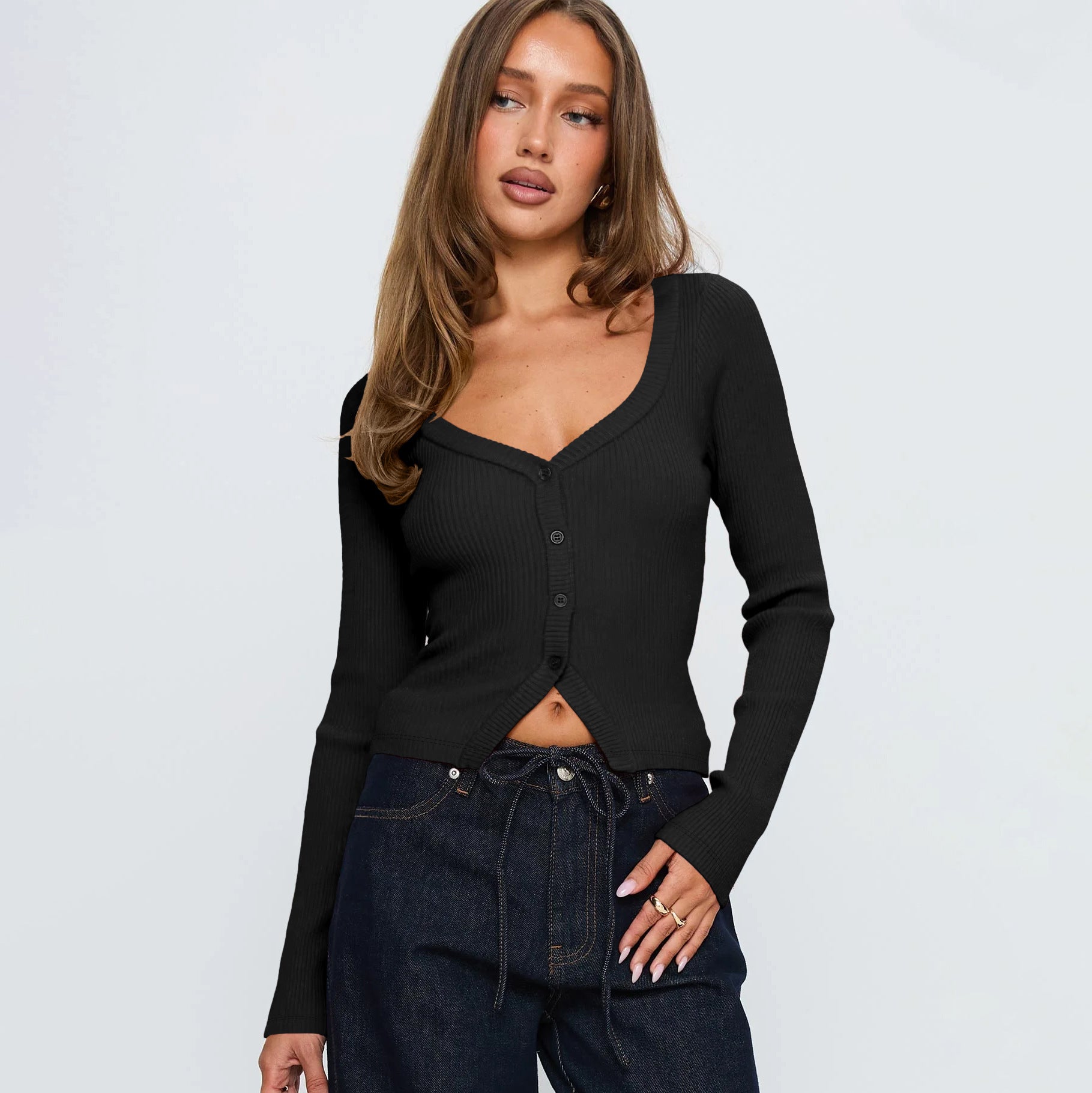 Casual Date Minimalist Buttoned Knit Long Sleeve Top