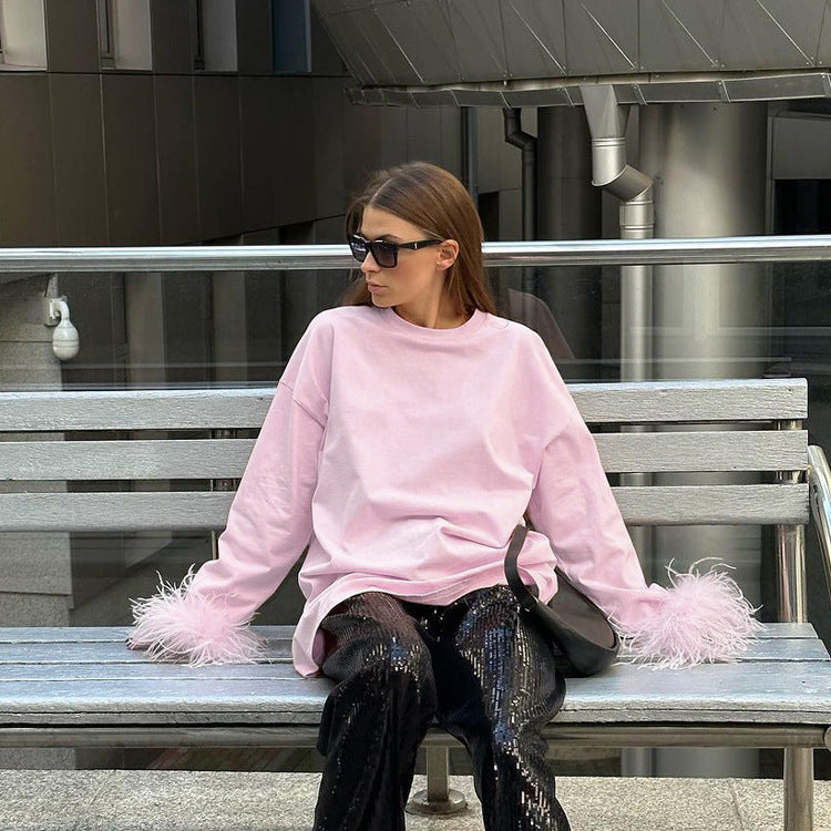Sweet Dreamy Pink Feather Sleeve T-shirt
