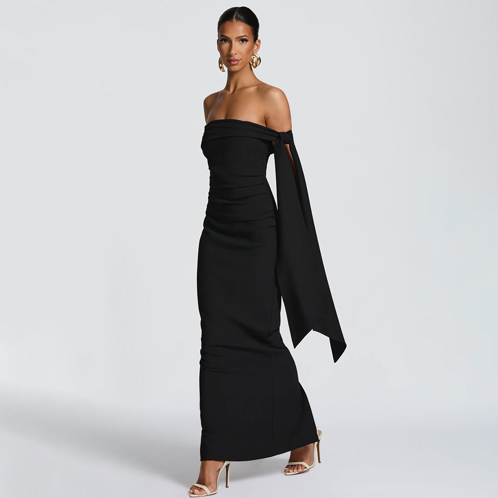 Classic Mansion Romantic Off Shoulder Ribbon Maxi Dress