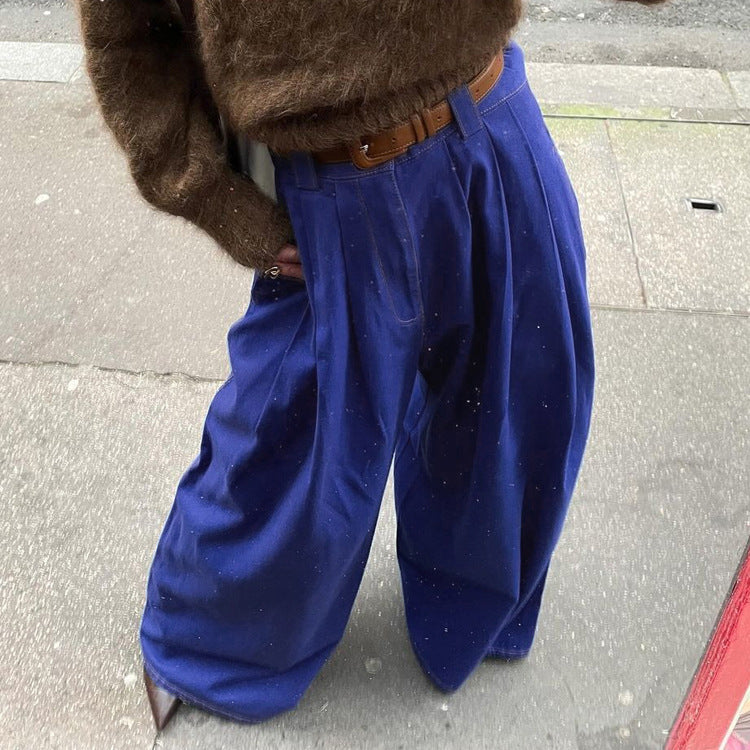 Pantalon large taille haute bleu style urbain