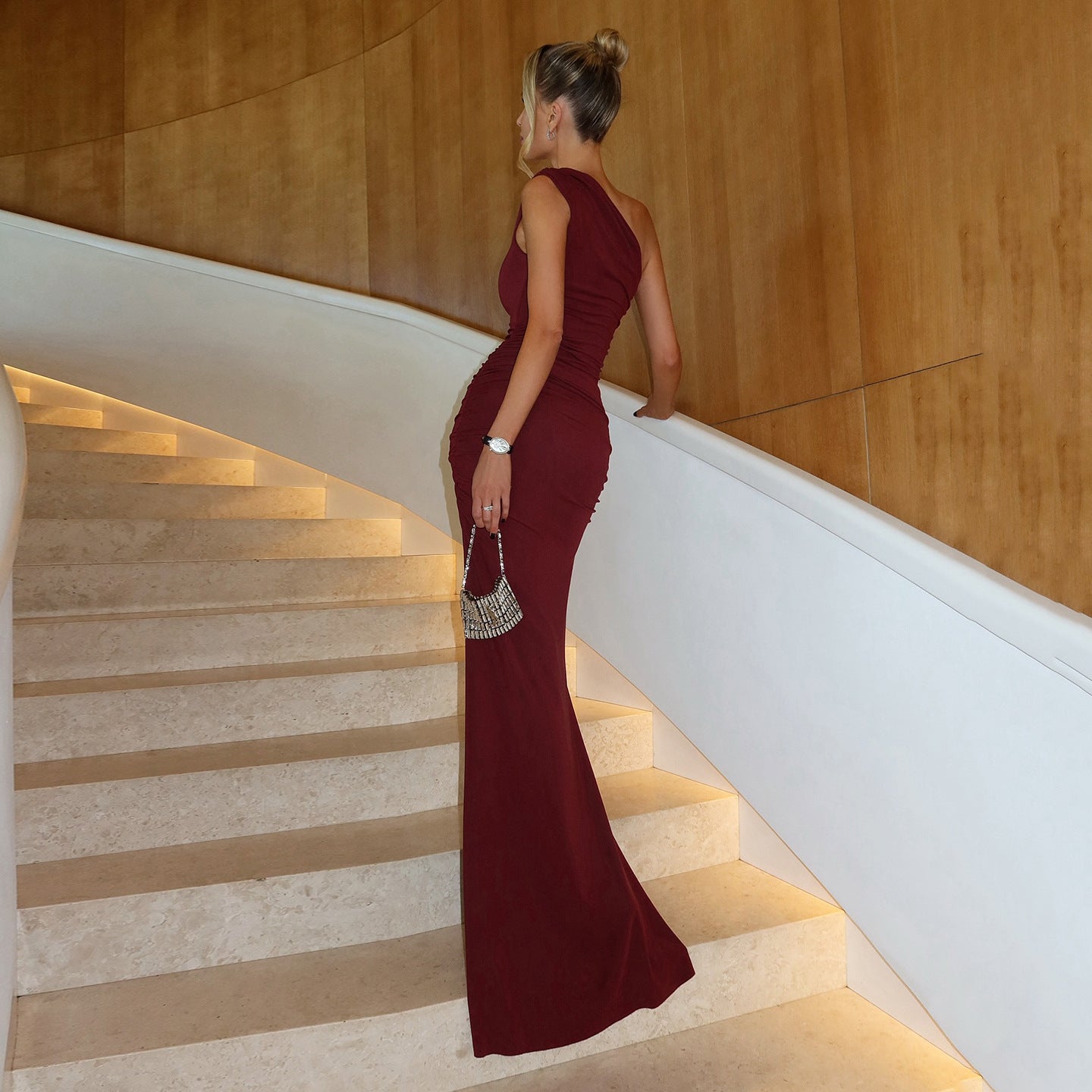 Party Charming Burgundy One Shoulder Maxi Dress