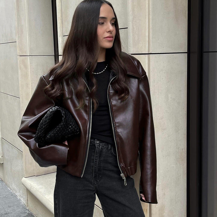 Cool Street Style Dark Maroon Leather Jacket