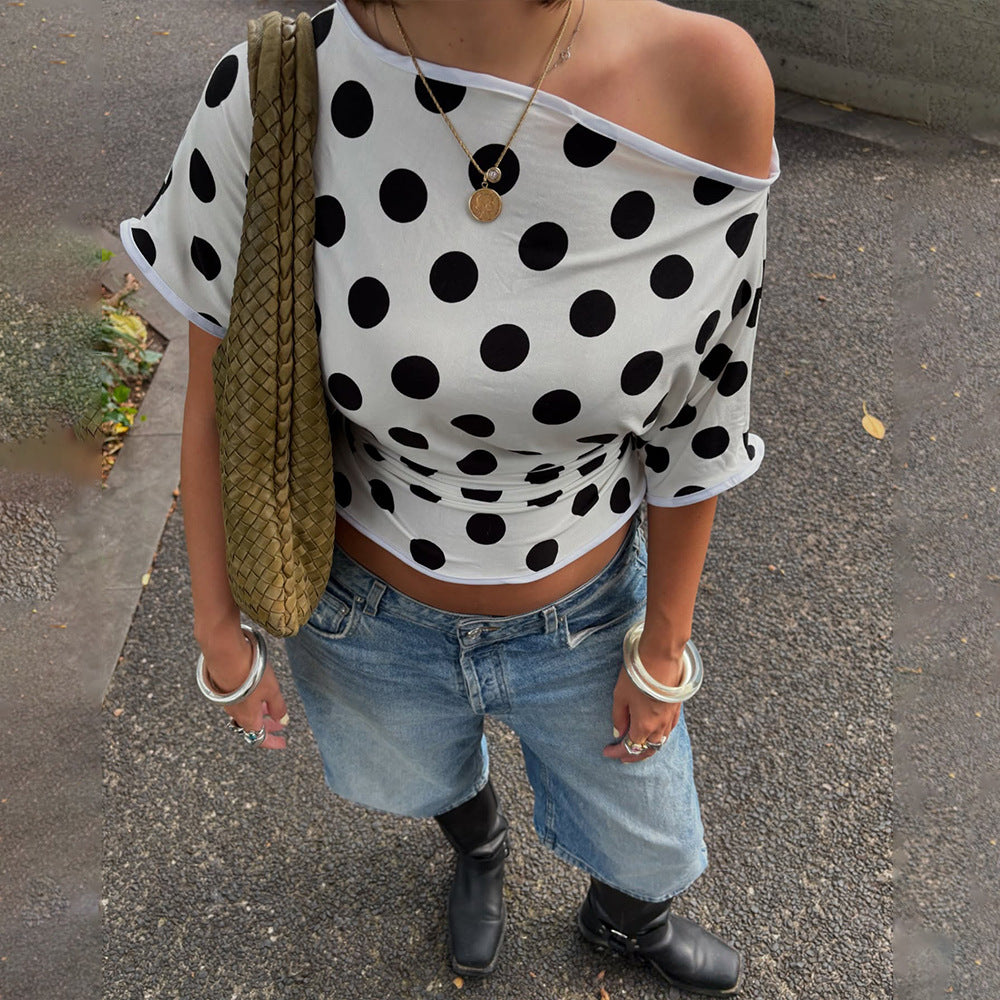 Street Stroll Retro Polka Dot Off Shoulder Top