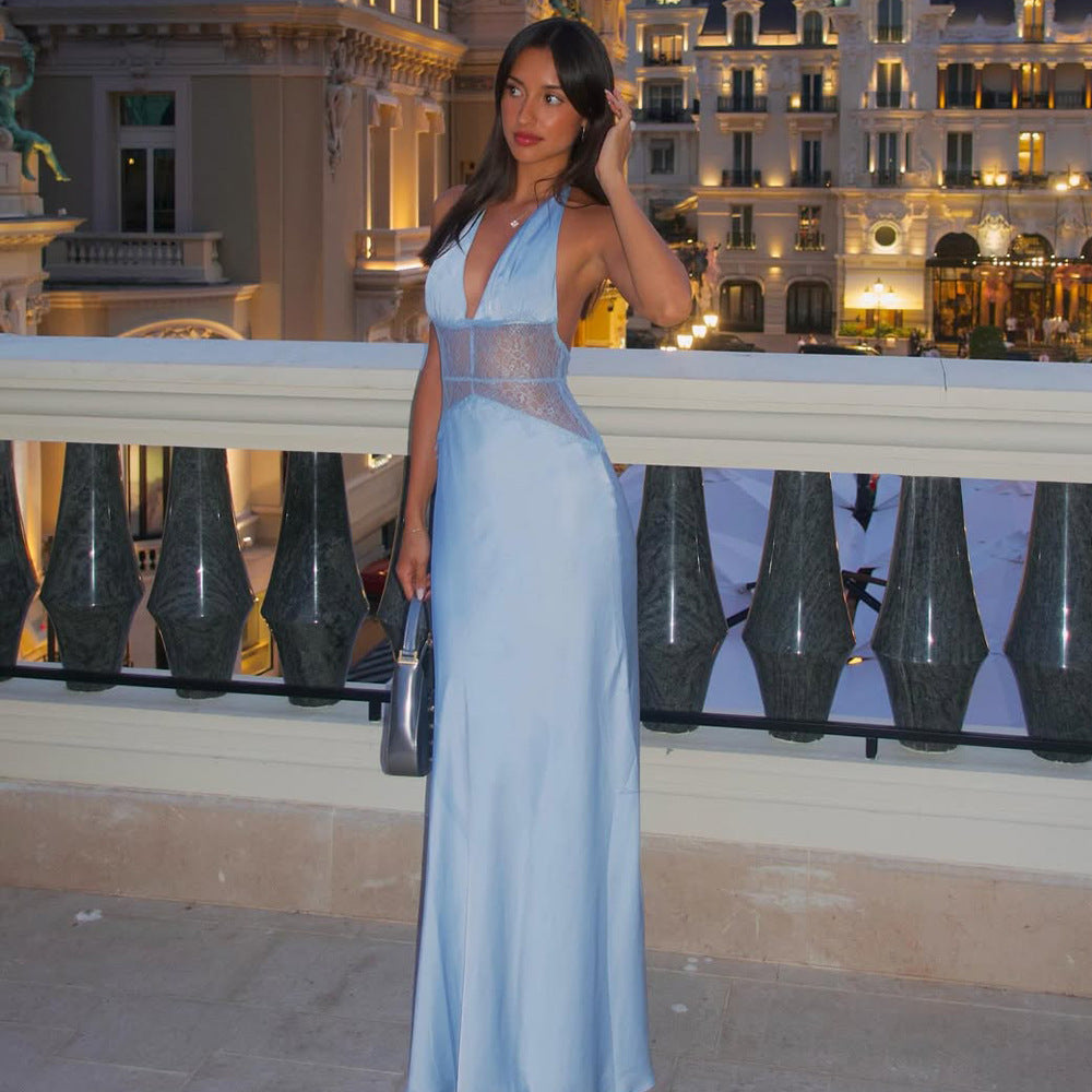 Terrace Dinner Elegant Lace - Paneled Halter Maxi Dress