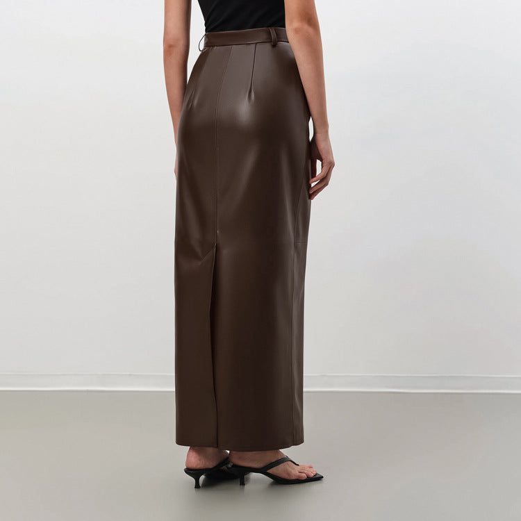 Office Professional Classic Brown Leather Maxi Skirt