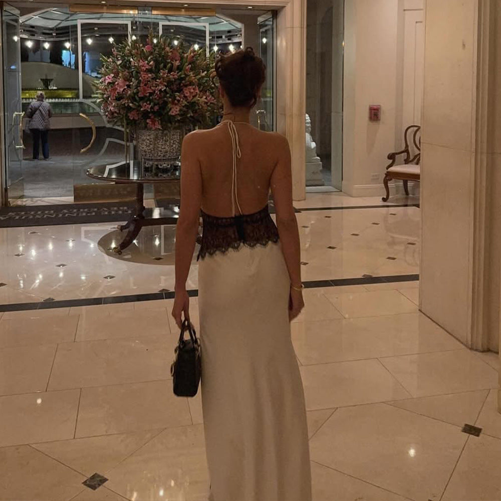 Terrace Dinner Elegant Lace - Paneled Halter Maxi Dress