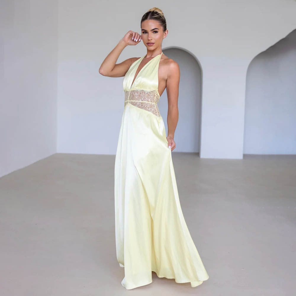Terrace Dinner Elegant Lace - Paneled Halter Maxi Dress
