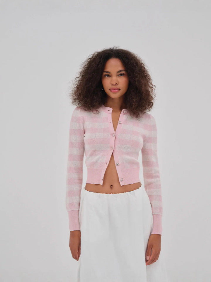 Casual Sweet Soft Pink Striped Cardigen