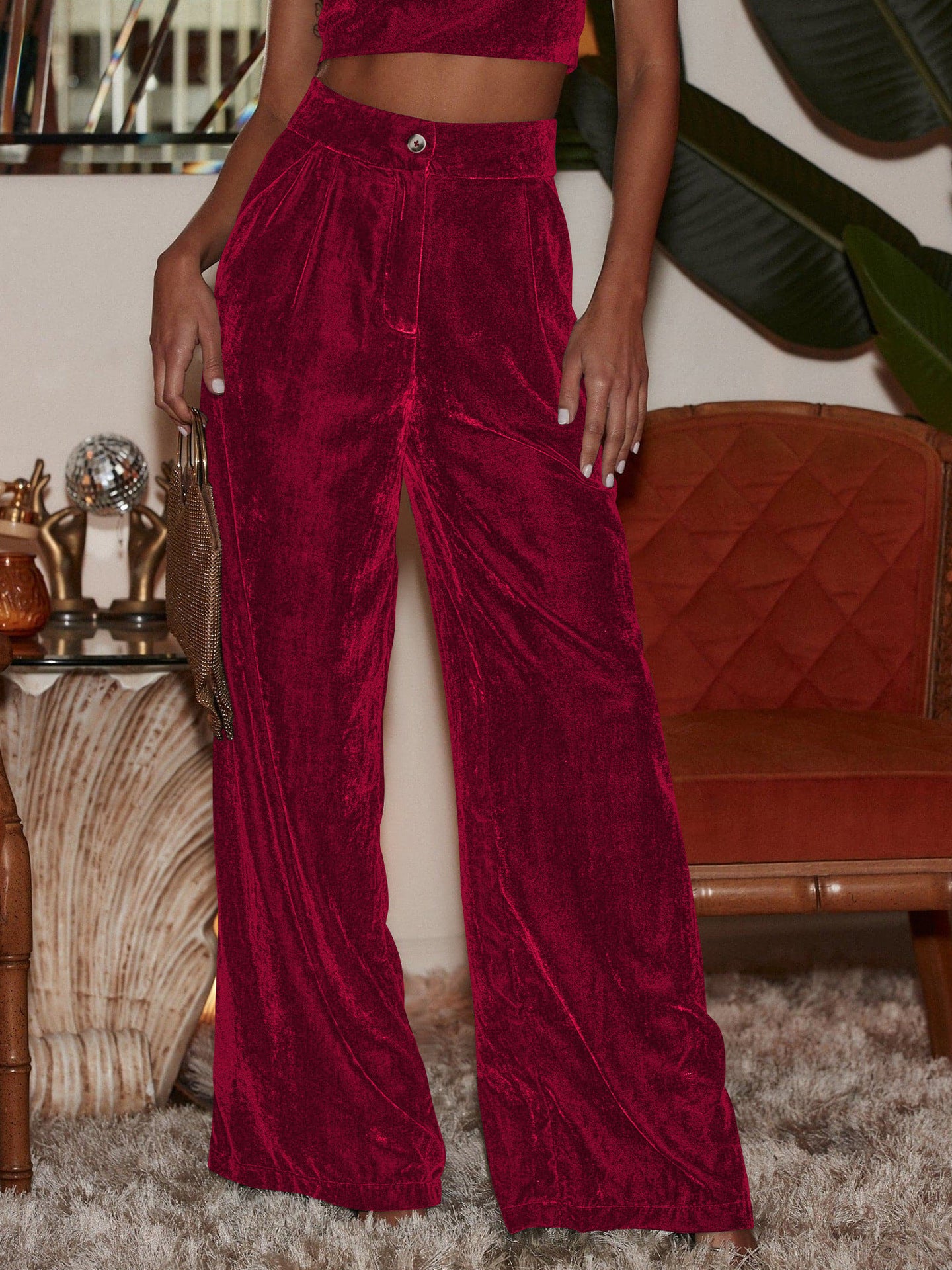 Pantalon large taille haute en velours luxueux pour soirée