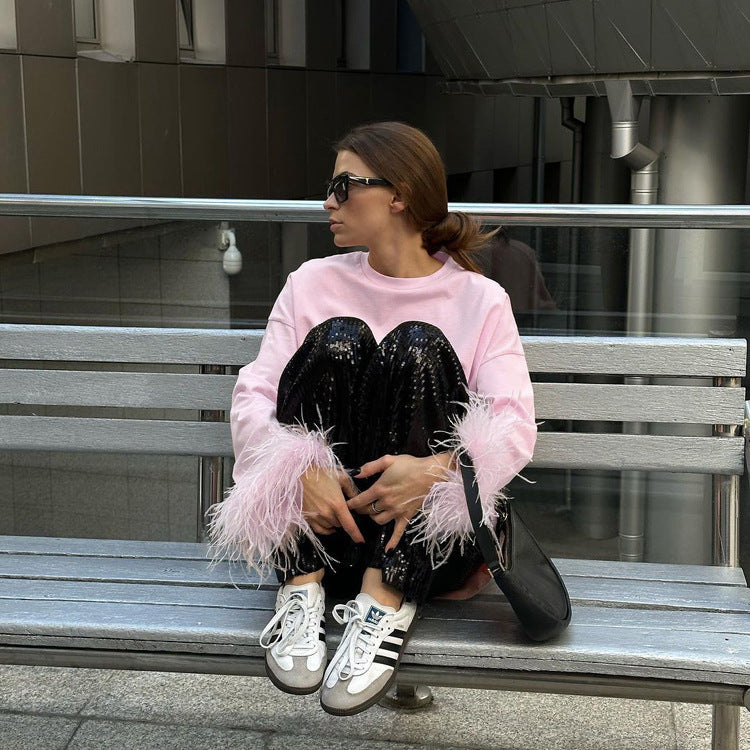 Sweet Dreamy Pink Feather Sleeve T-shirt