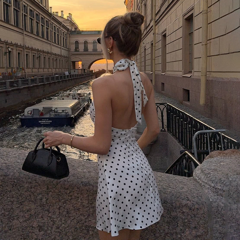Terrace Night Cute Polka Dot Halter Mini Dress