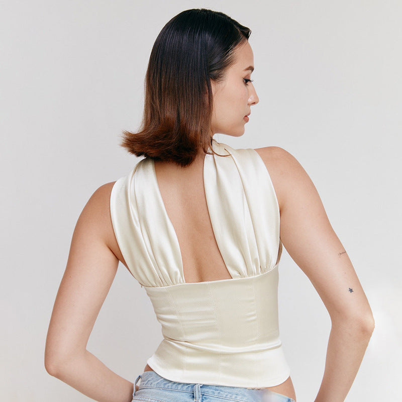 City Night Elegant Sensual Beige Satin Top