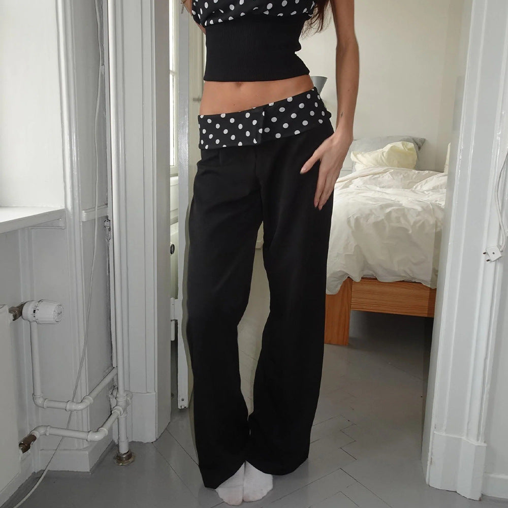 Daily Casual Classic Polka Dot Waist Foldover Straight Leg Pants