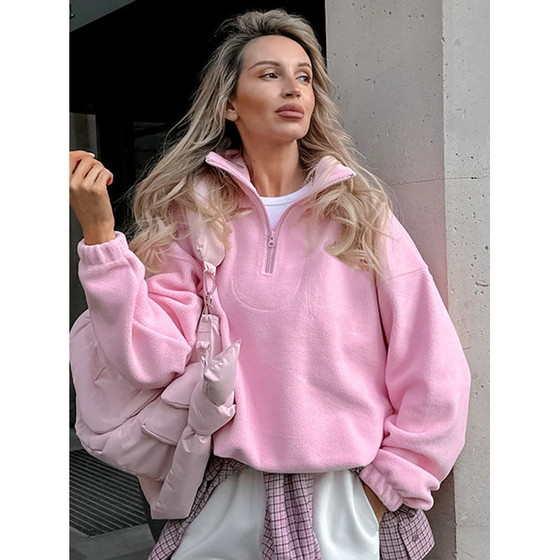 Casual Vibrant Pink Fleece Oversize Sweatshirt