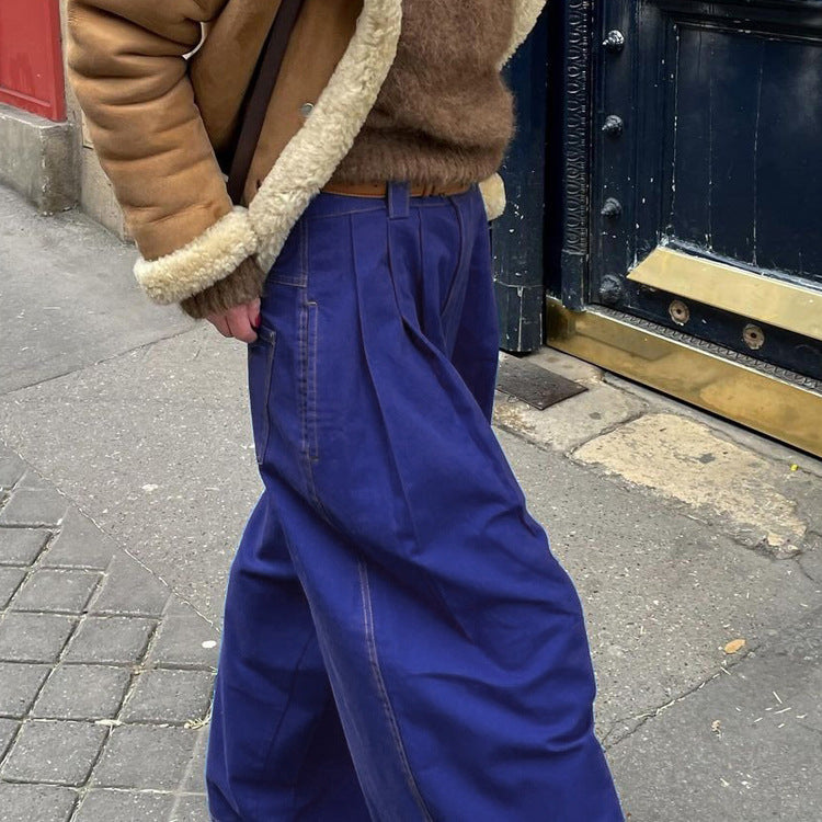 Pantalon large taille haute bleu style urbain