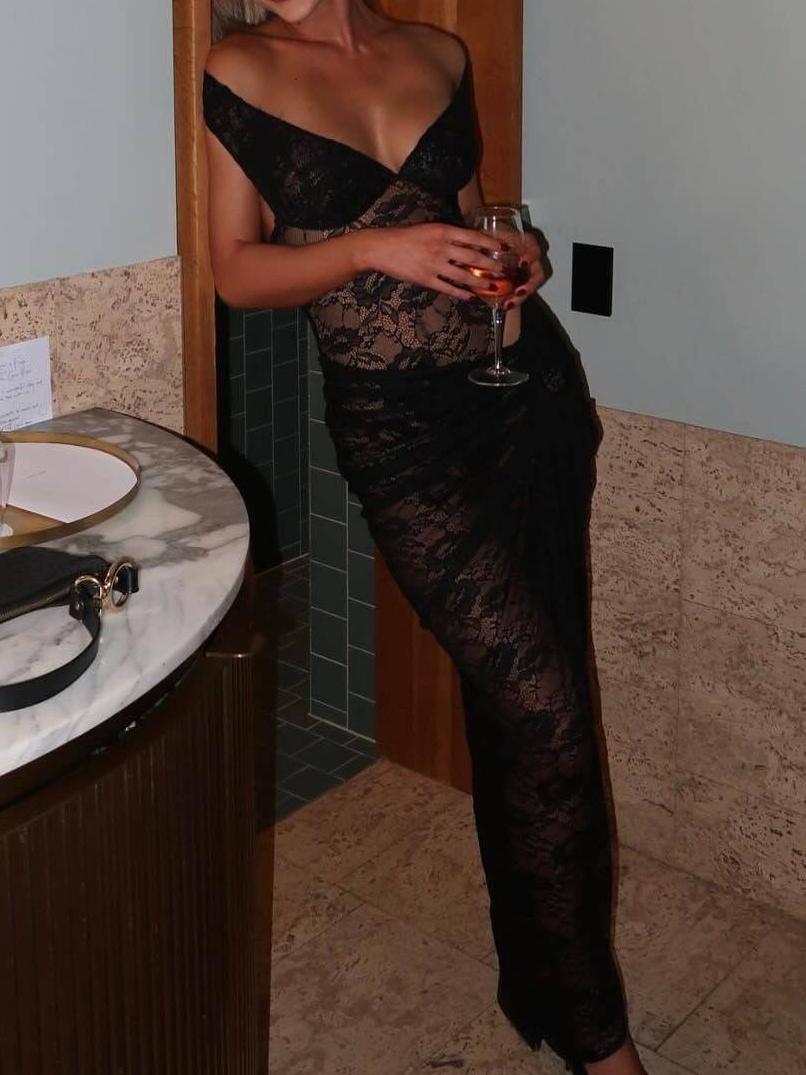 Lace Off Shoulder Ruched Maxi Dress