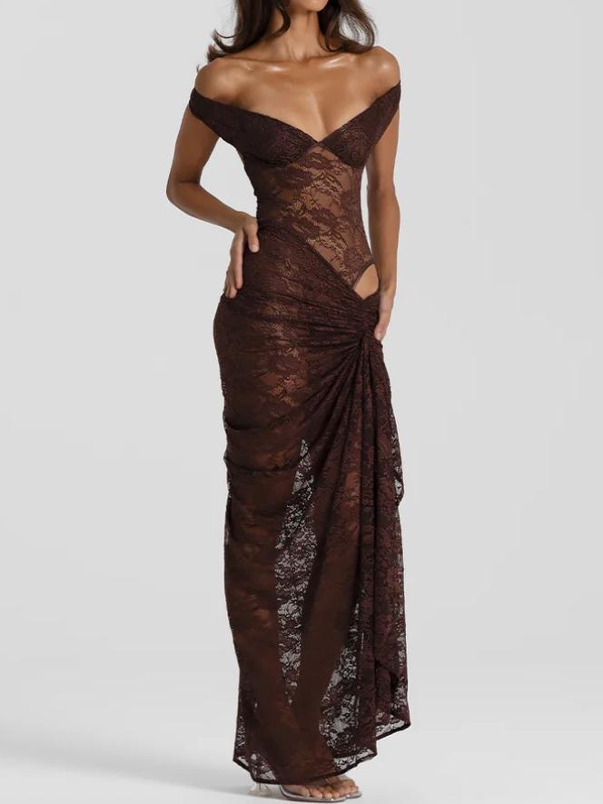 Lace Off Shoulder Ruched Maxi Dress