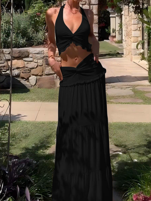 Vacation Glamorous Halter Crop Top & Maxi Skirt Set