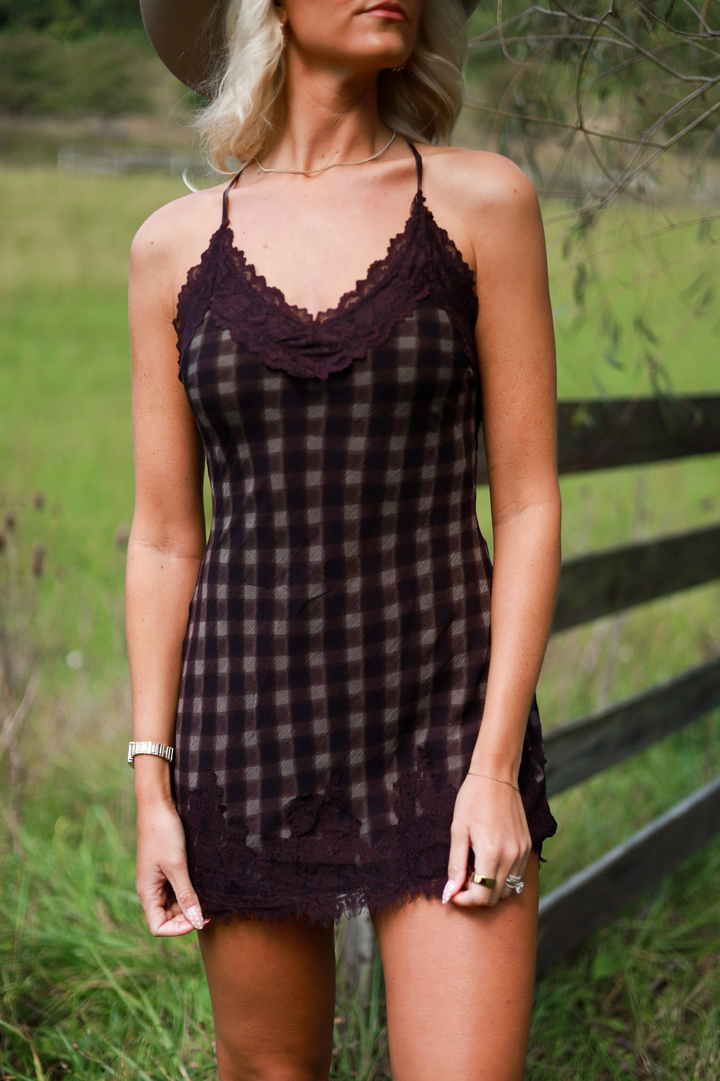 Wildflower Romance Gingham Lace Mini Dress