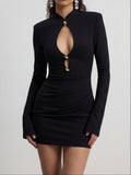 Long Sleeve Black Mini Dress With Gold Trims