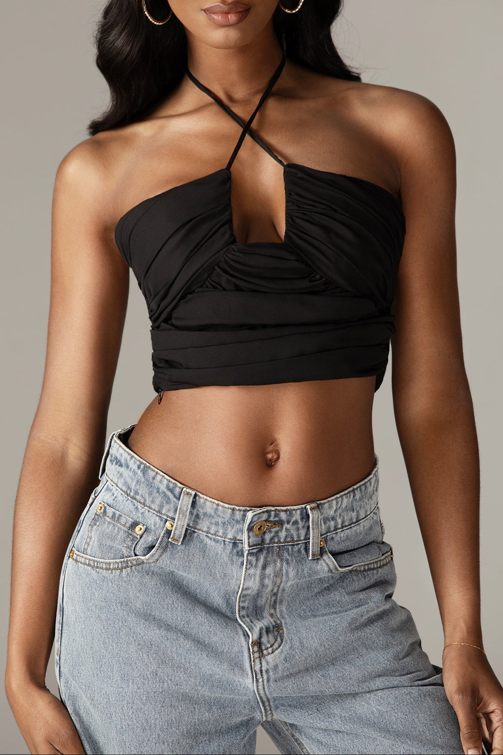 Davina Ruched Crepe Crop Top (Black)