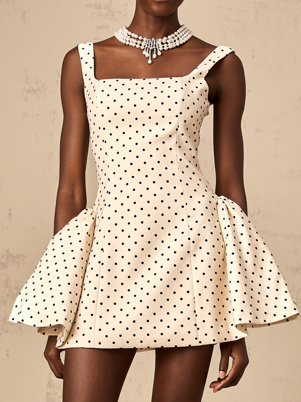 Geneviève Neutrals Polka-Dot Puff Mini Dress