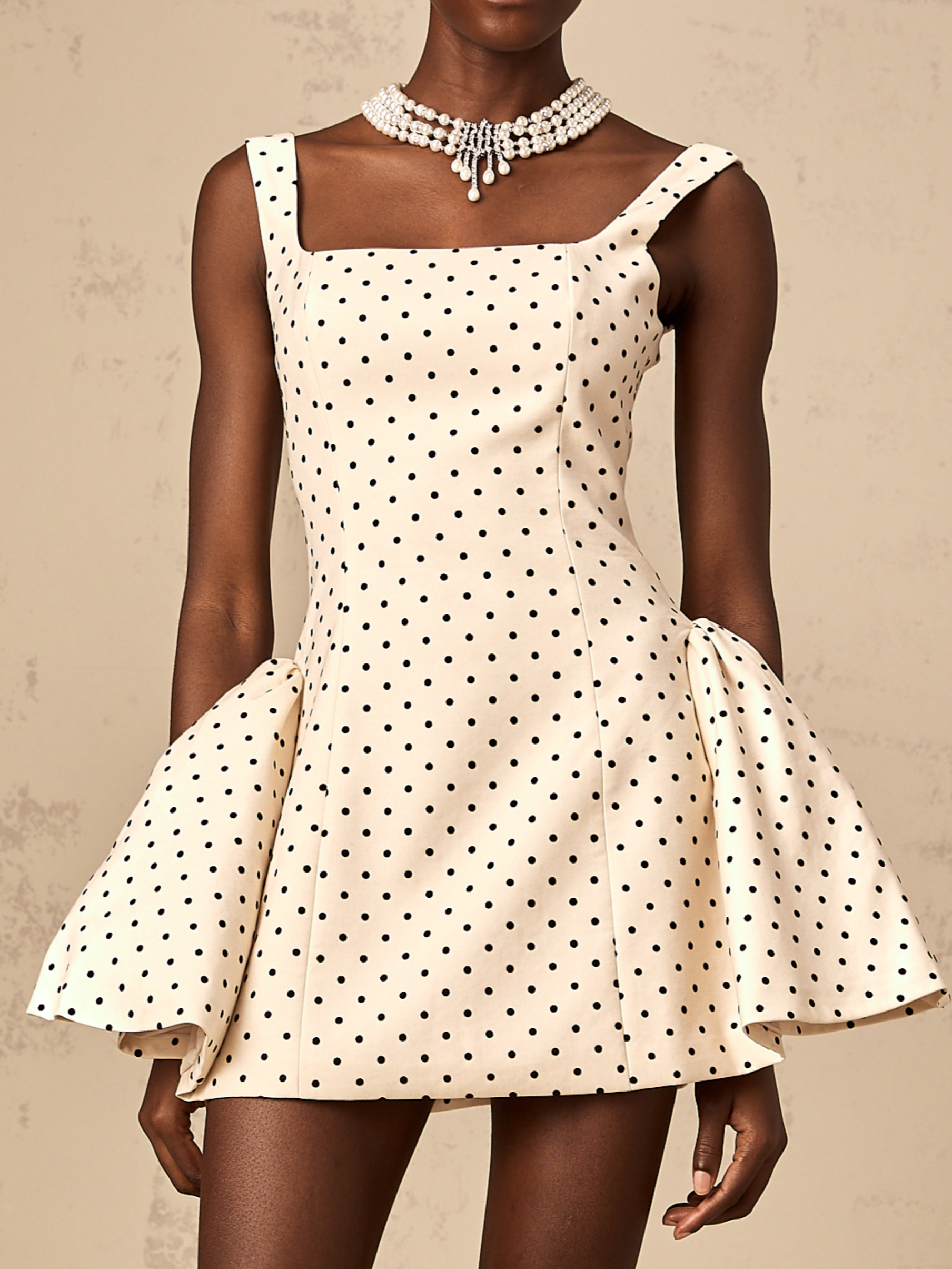 Geneviève Neutrals Polka-Dot Puff Mini Dress