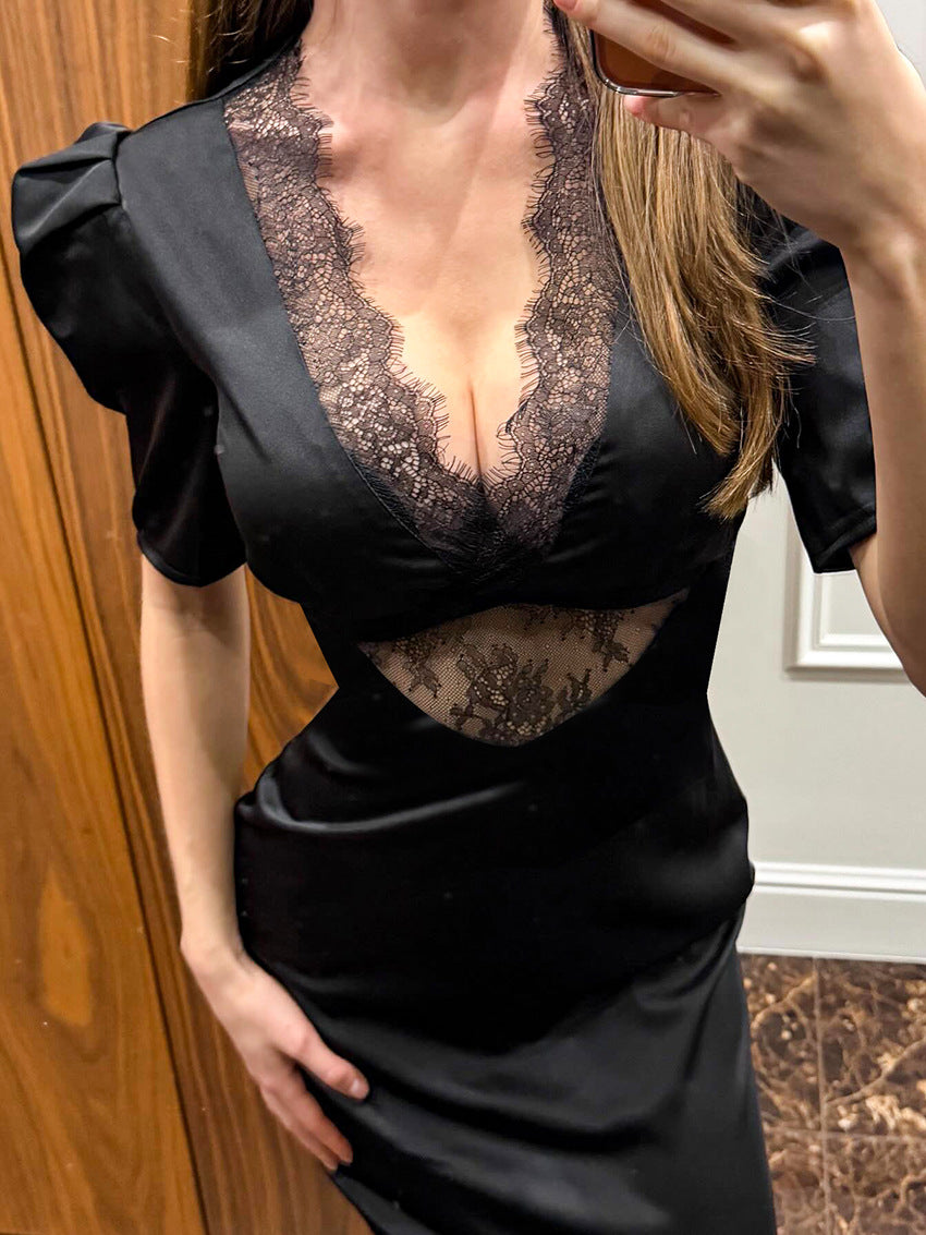 Cocktail Glamorous Satin Lace Mini Dress