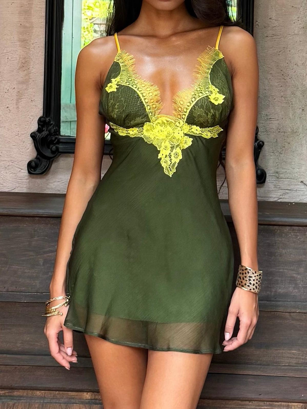 Floral Lace Sheer Mesh Babydoll Dress