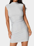 Milan Metallic Drape Neck Shirred Dress