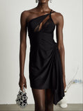 Celeste Noir Asymmetric Lace Mini Dress