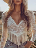 White Lace Fringe V Neck Blouse Western Top