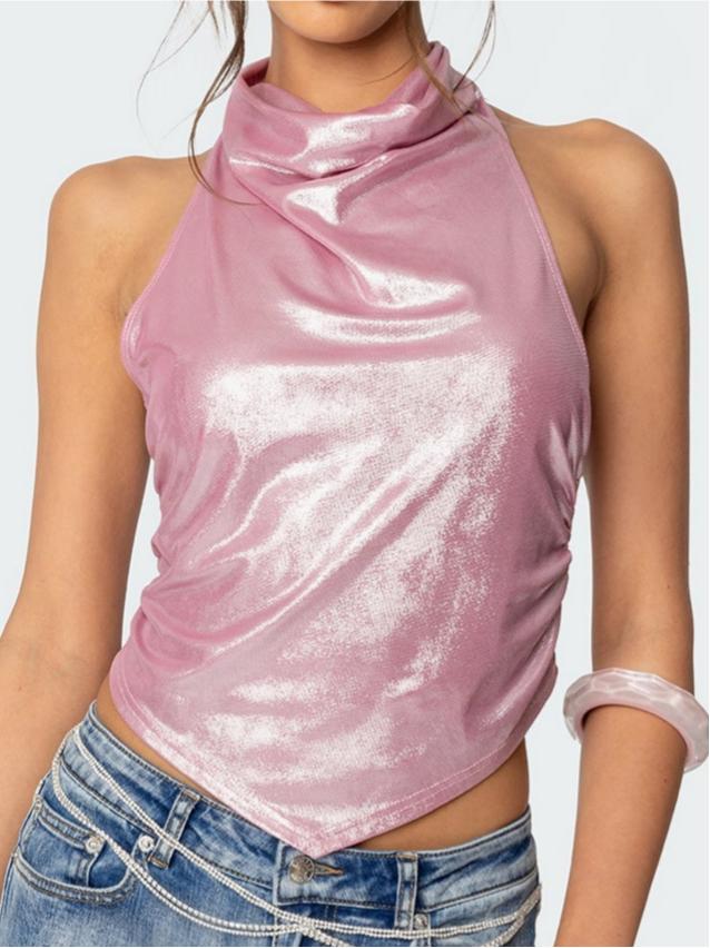 Shiny Backless Cowl Neck Top