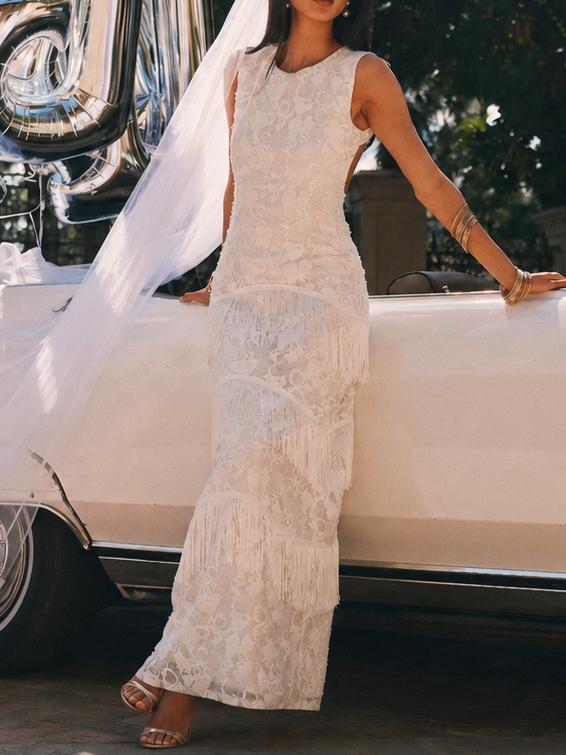 Shadows White Lace Fringe Maxi Dress