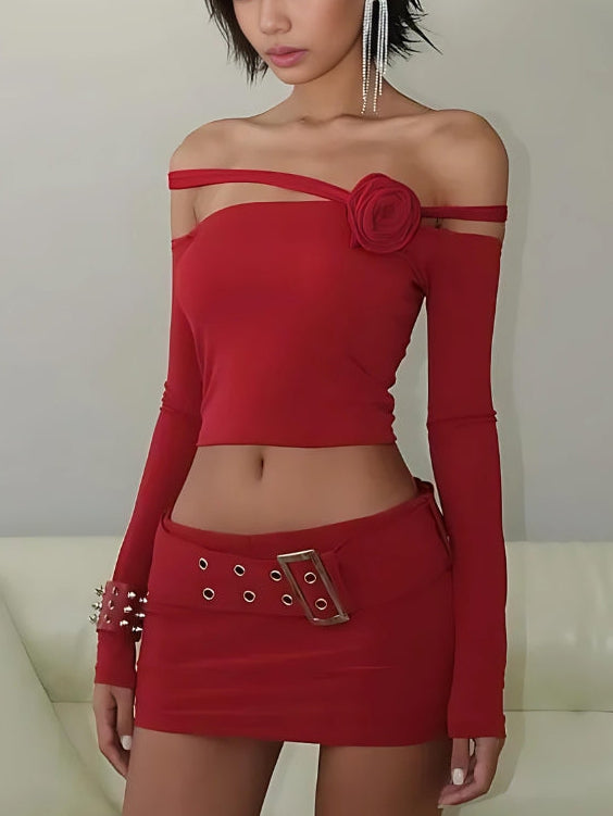 Baddie Rose Asymmetric Off Shoulder Top