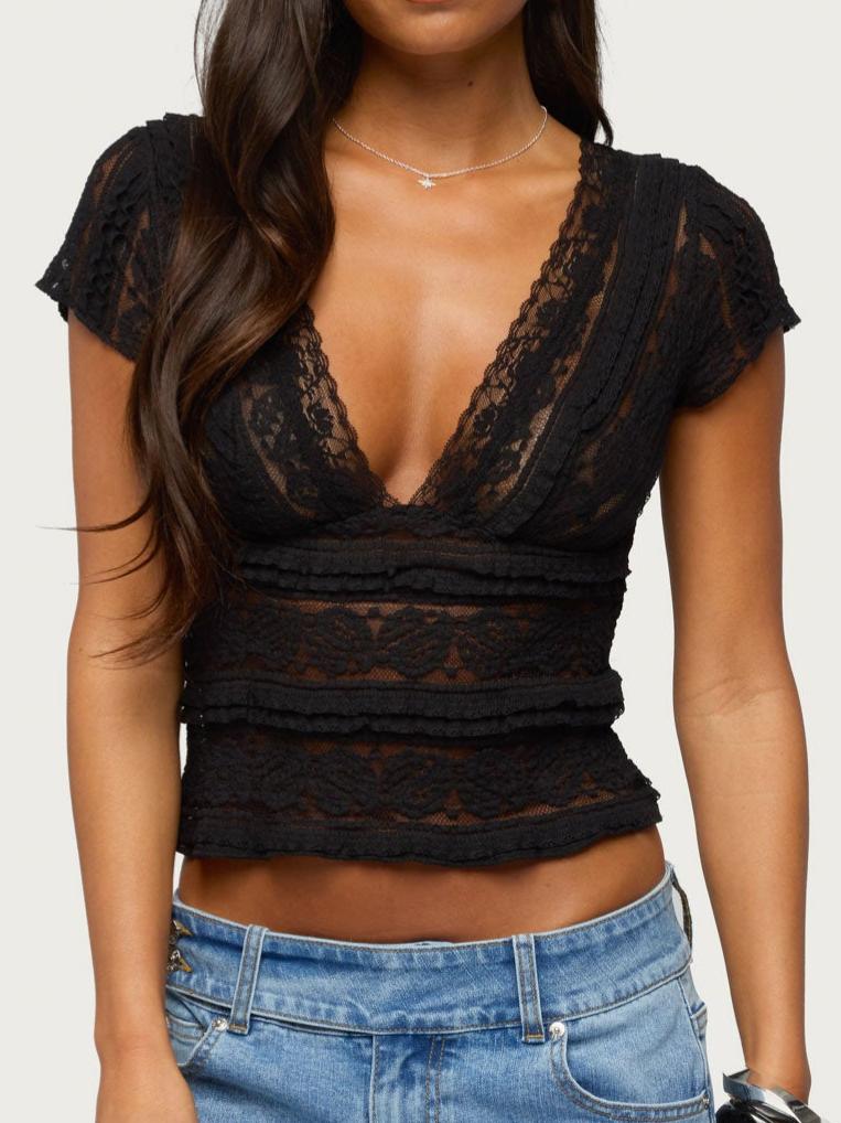 Avalee Sheer Lace V Neck Top