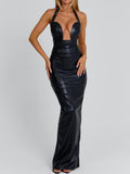 Black Leather Halter Cut-Out Maxi Dress