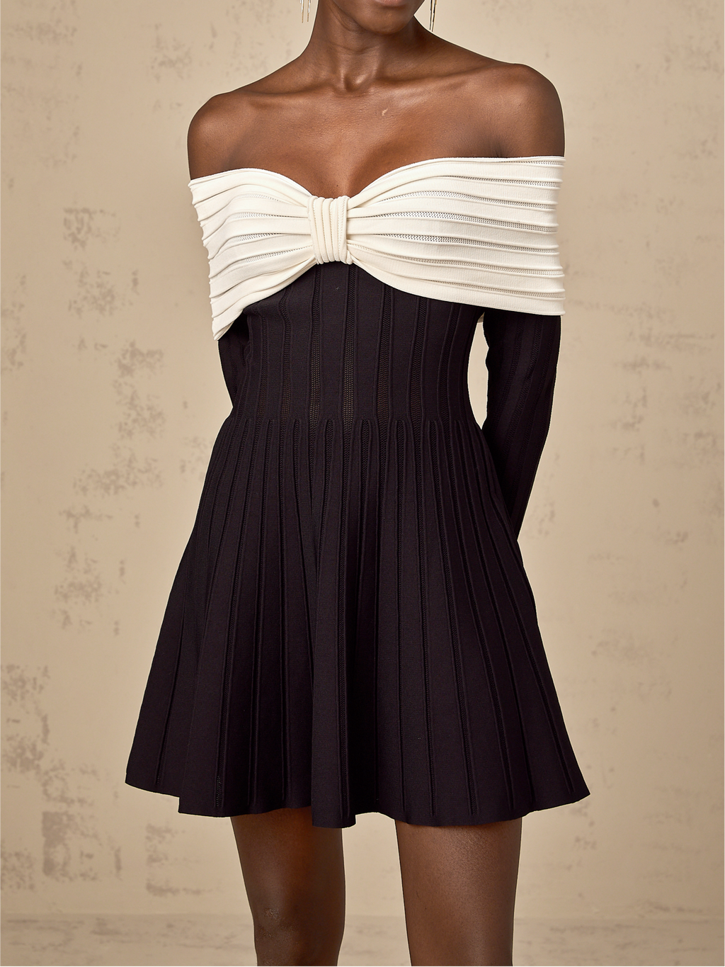 Justine Black Off-Shoulder Bow Knit Mini Dress