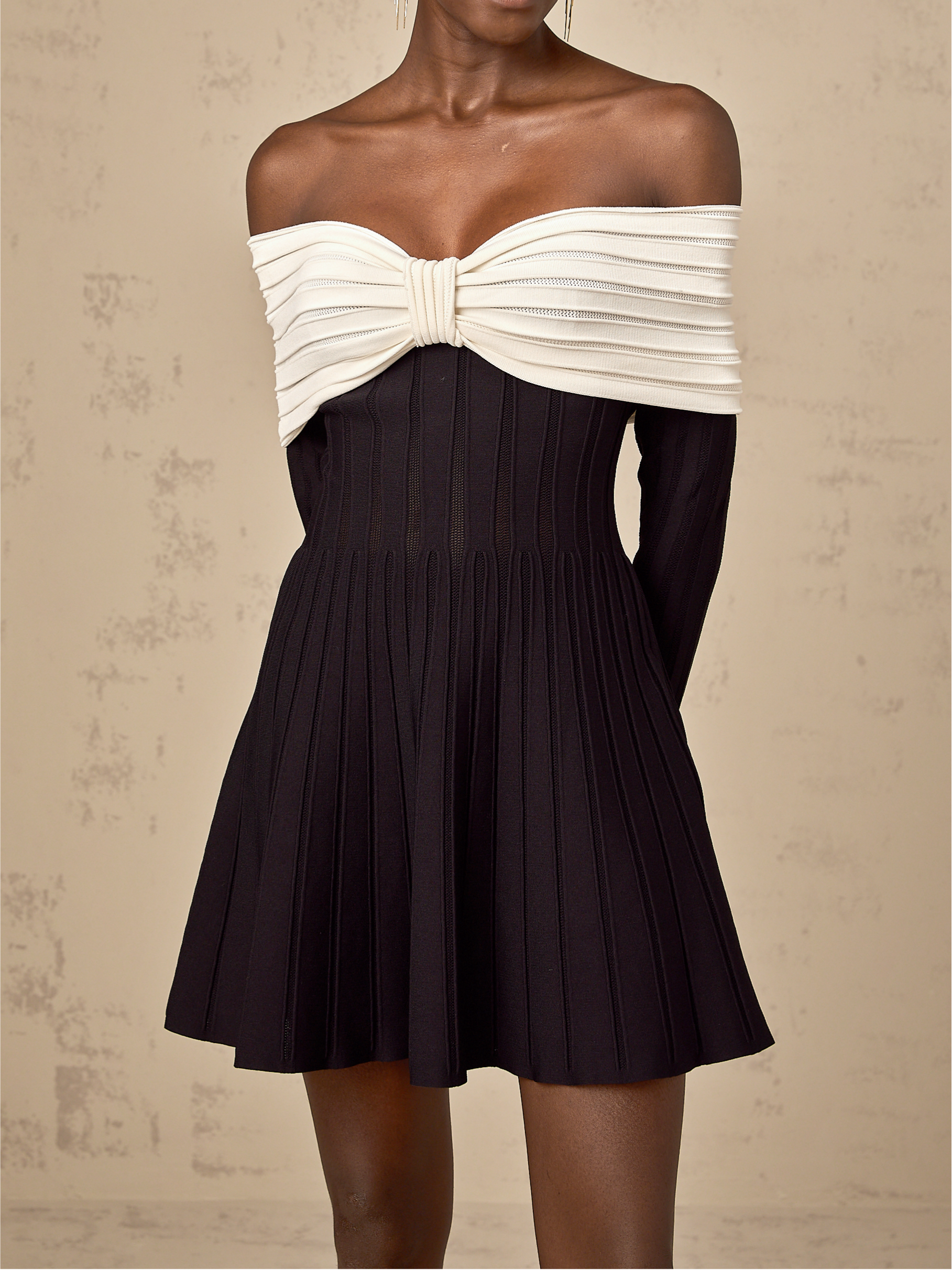 Justine Black Off-Shoulder Bow Knit Mini Dress