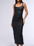 Black Satin Square Neck Midi Dress