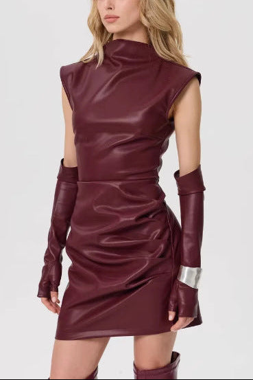 Bold High-Neck Leather Mini Dress