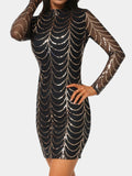 Long Sleeve Sequins Mesh Mockneck Mini Dress